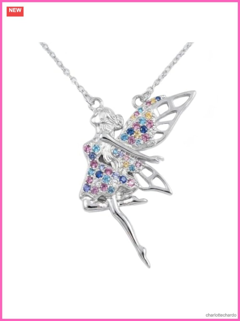 Fairy Necklace Cutout Wings Multi CZ Pendant Copper Chain 18in Gift